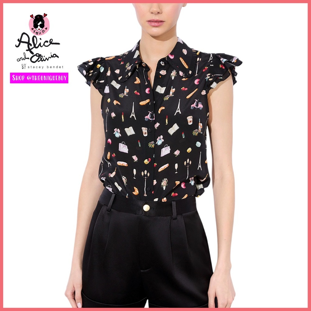 Alice + Olivia Martel Flutter Sleeve Silk Blouse Top